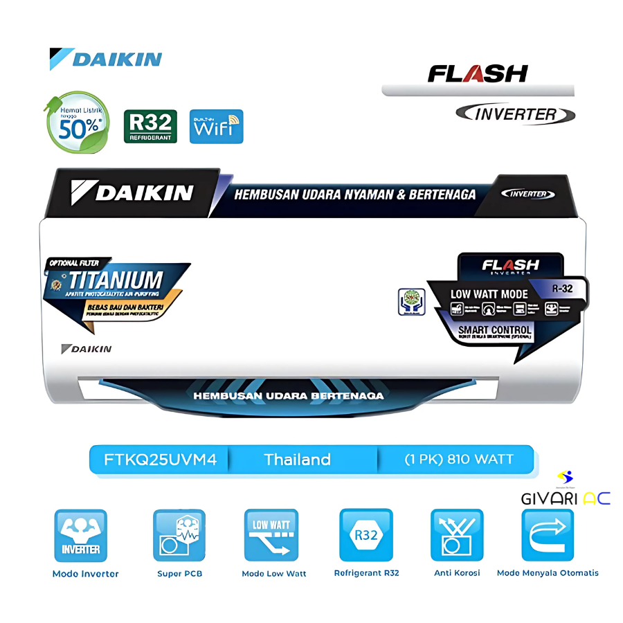 Daikin AC Wall Mounted Split Flash Inverter Thailand FTKQ Series 1 PK - STKQ25UV