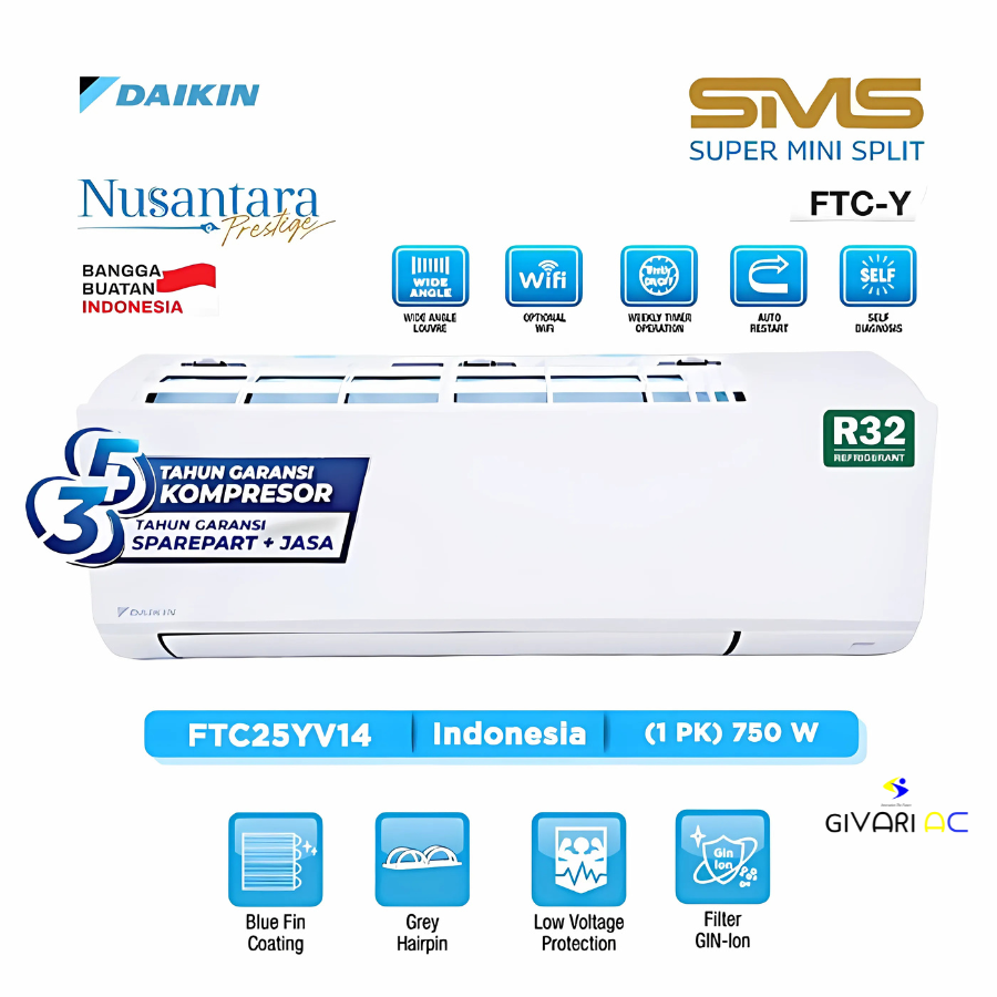 Daikin AC Split Standard SMS Super Mini Split FTC-Y Series R32 1 PK - FTC25YV14