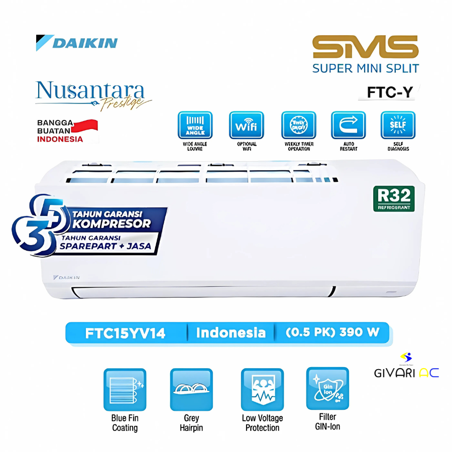 Daikin AC Split Standard SMS Super Mini Split FTC-Y Series R32 1/2 PK - FTC15YV14