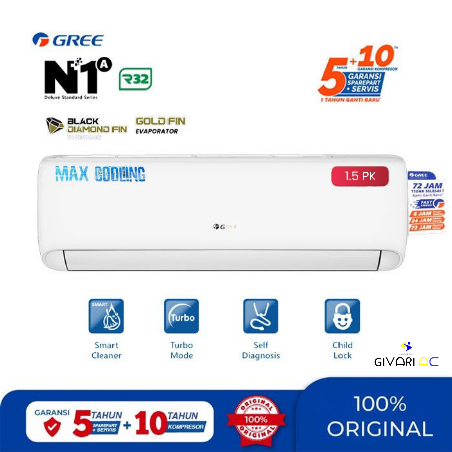 Gree AC Wall Mounted Split Deluxe Standard Series 1 1/2 PK - GWC-12N1A