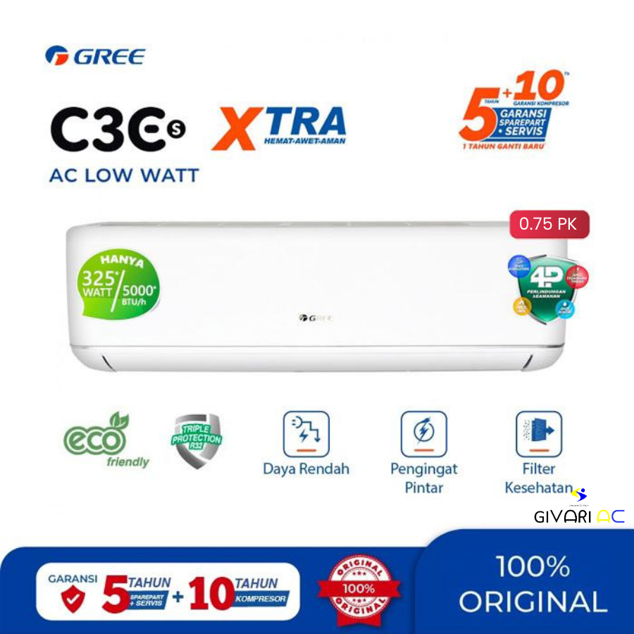 Gree AC Wall Mounted Split Deluxe Low Watt C3E Series 3/4 PK - GWC-07C3ES