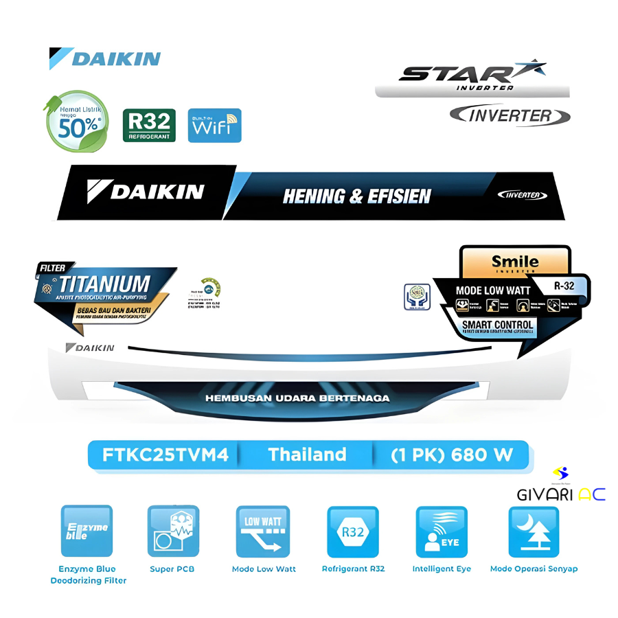Daikin AC Wall Mounted Split Inverter Star Thailand 1 PK - STKC25TV