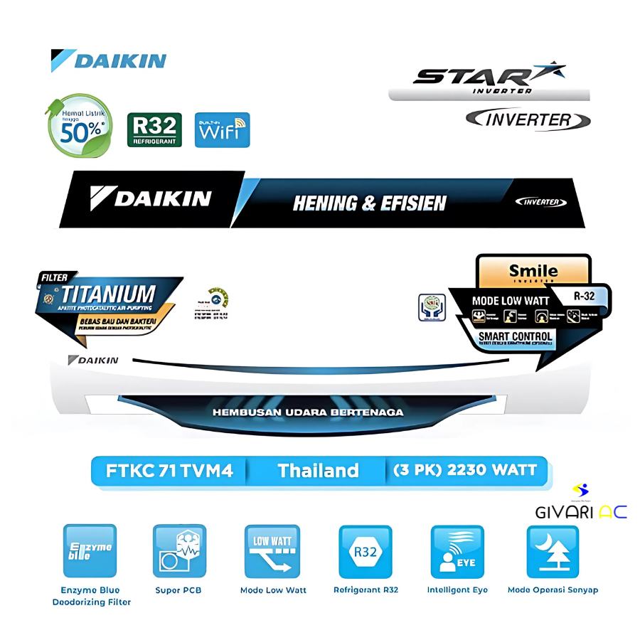 Daikin AC Wall Mounted Split Inverter Star Thailand 3 PK - STKC71TV