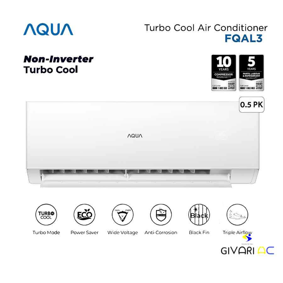 Aqua AC Split 2 PK Standard Black Fin Turbo Cool Series - AQA-KCR18FQAL3