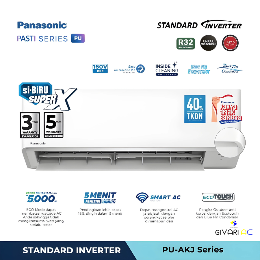 Panasonic AC Wall Mounted Split Standard Inverter Si-Biru 1 PK - CS/CU PU9AKJ
