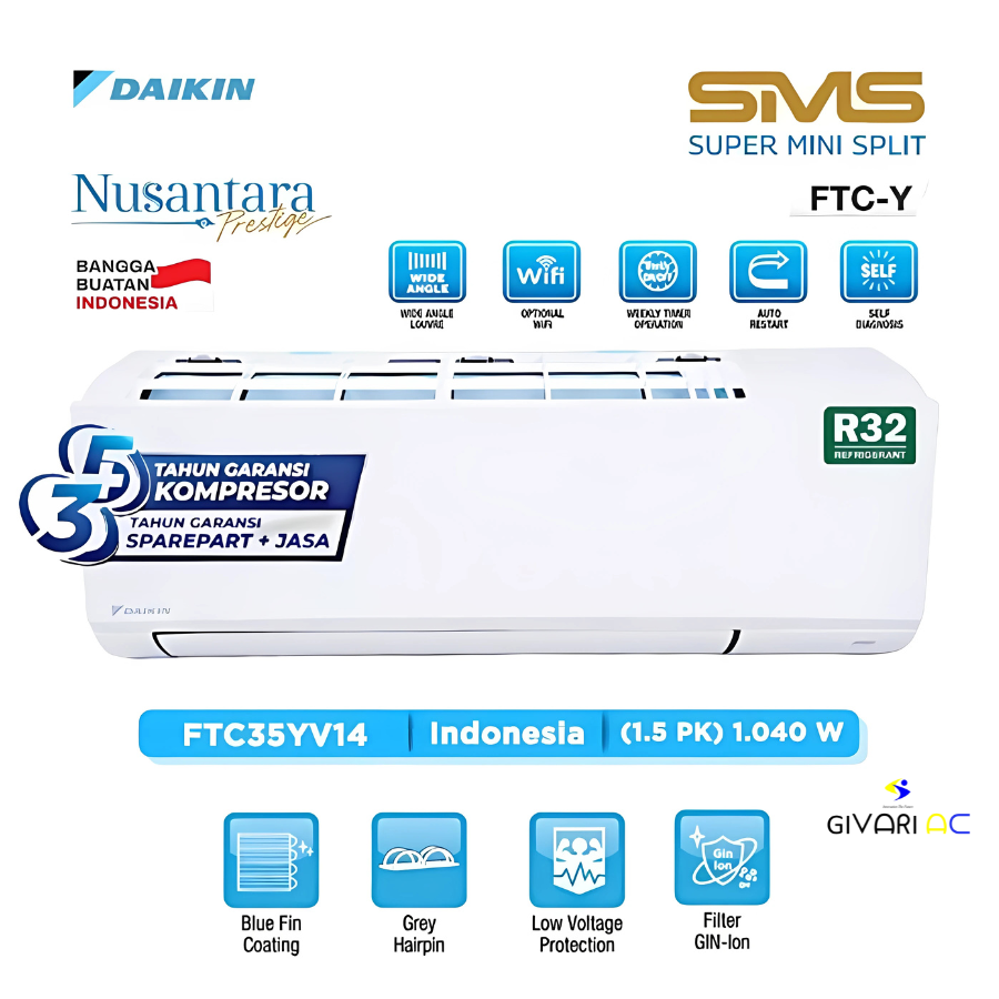 Daikin AC Split Standard SMS Super Mini Split FTC-Y Series R32 1.5 PK - FTC35YV14