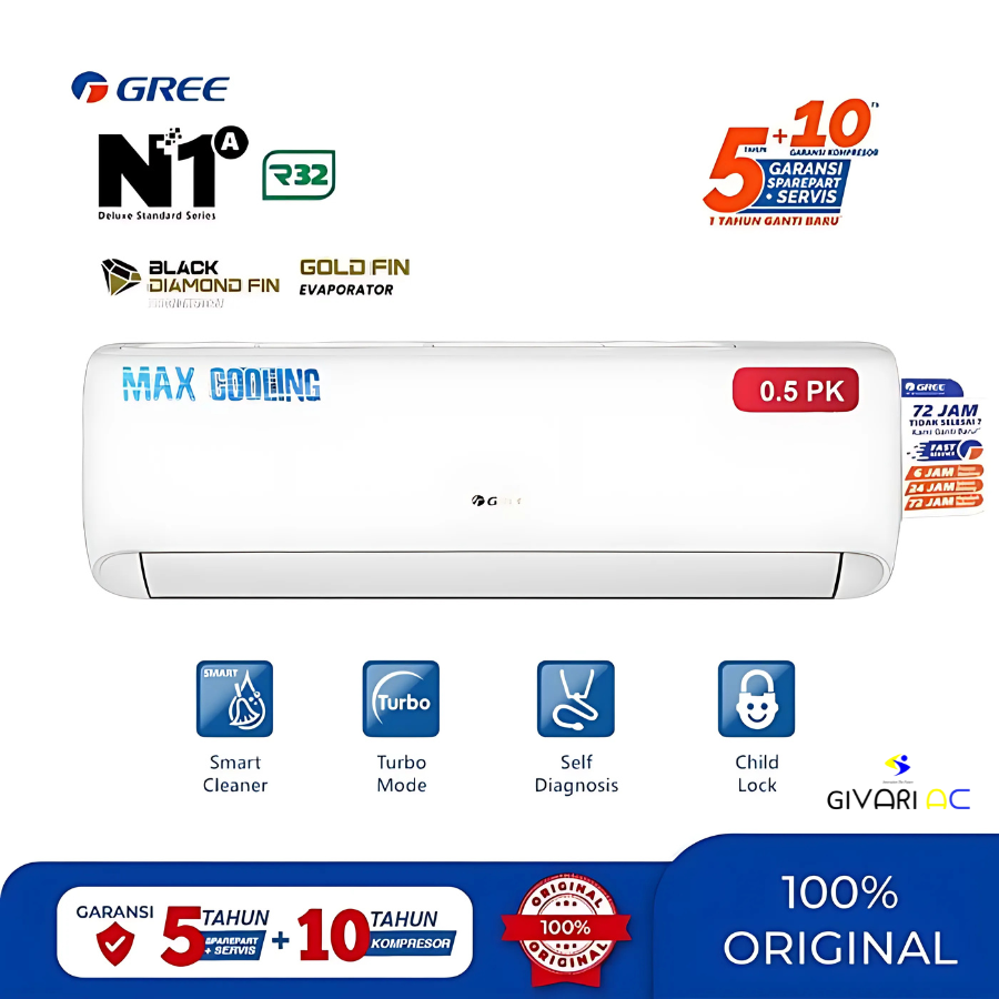 Gree AC Wall Mounted Split Deluxe Standard Series 1/2 PK - GWC-05N1A